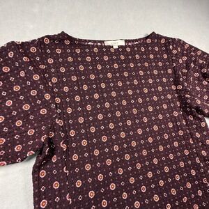 Loft Women Burgundy Floral Medallion Puff Sleeve Textured Blouse Size L